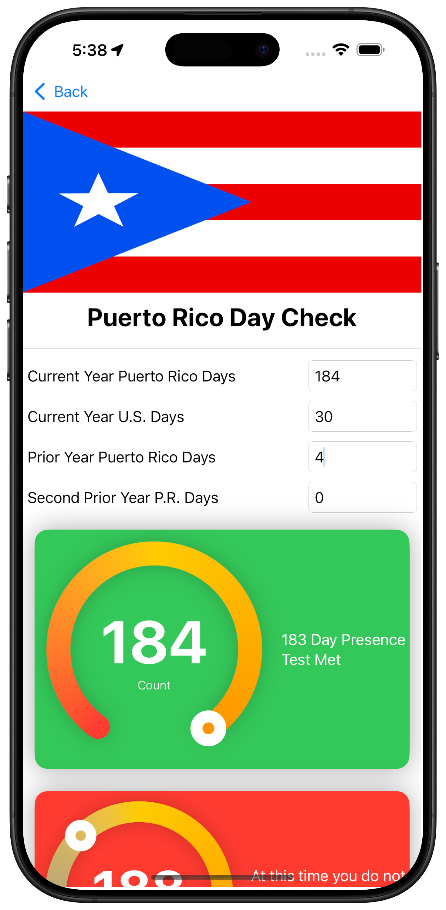 image of App on Puerto Rico specific page showing day counts and tests